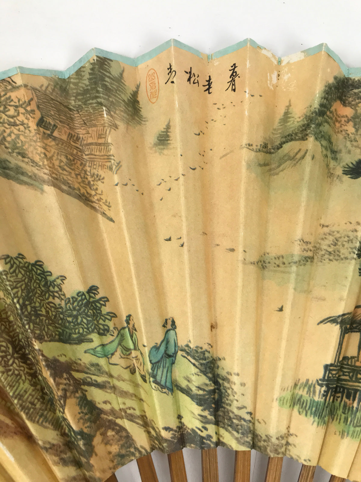Chinese Paper Folding Fan Sensu Vtg Bamboo Frame Calligraphy House Trees 4D941