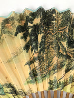 Chinese Paper Folding Fan Sensu Vtg Bamboo Frame Calligraphy House Trees 4D941