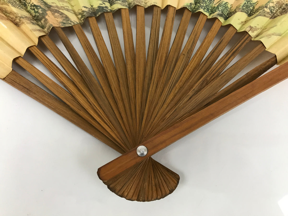 Chinese Paper Folding Fan Sensu Vtg Bamboo Frame Calligraphy House Trees 4D941