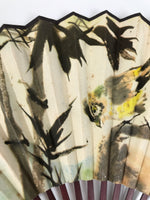 Chinese Paper Folding Fan Sensu Vtg Bamboo Lacquer Frame Bird Calligraphy 4D938