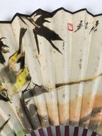 Chinese Paper Folding Fan Sensu Vtg Bamboo Lacquer Frame Bird Calligraphy 4D938