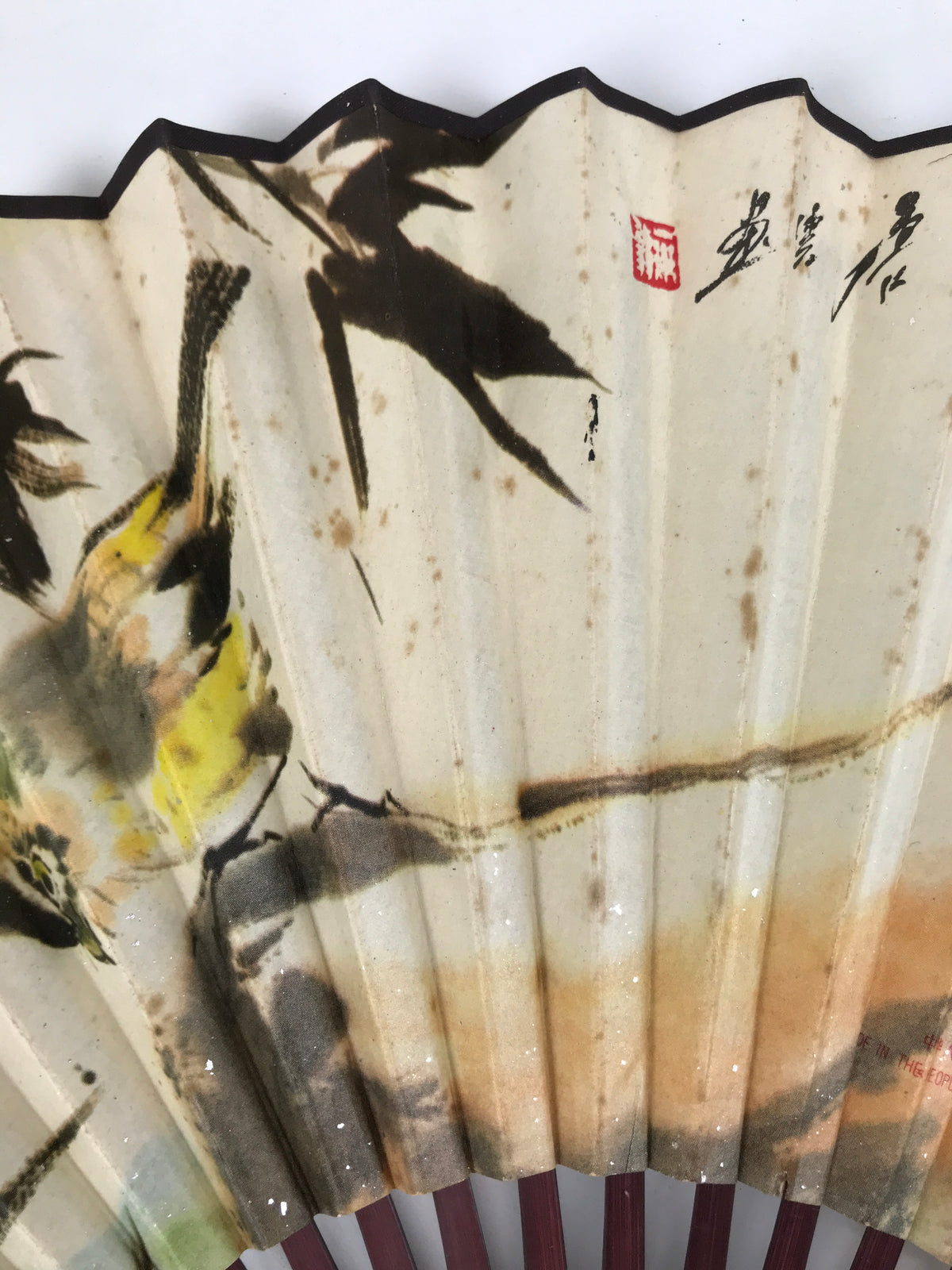Chinese Paper Folding Fan Sensu Vtg Bamboo Lacquer Frame Bird Calligraphy 4D938