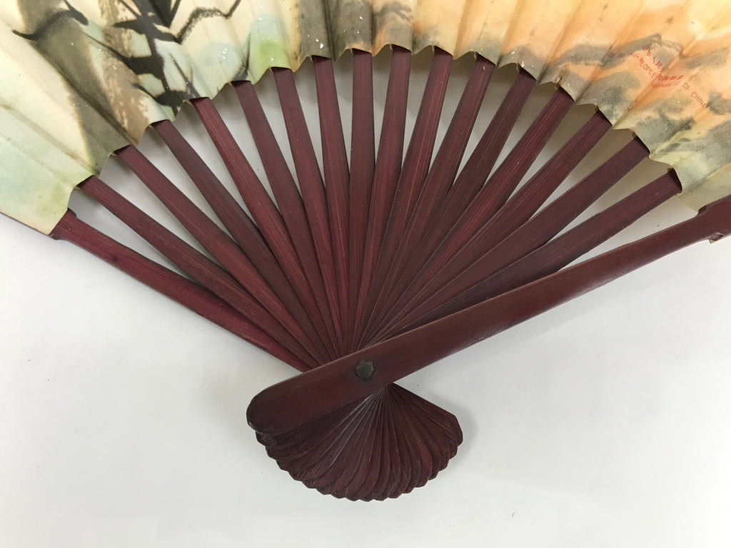 Chinese Paper Folding Fan Sensu Vtg Bamboo Lacquer Frame Bird Calligraphy 4D938