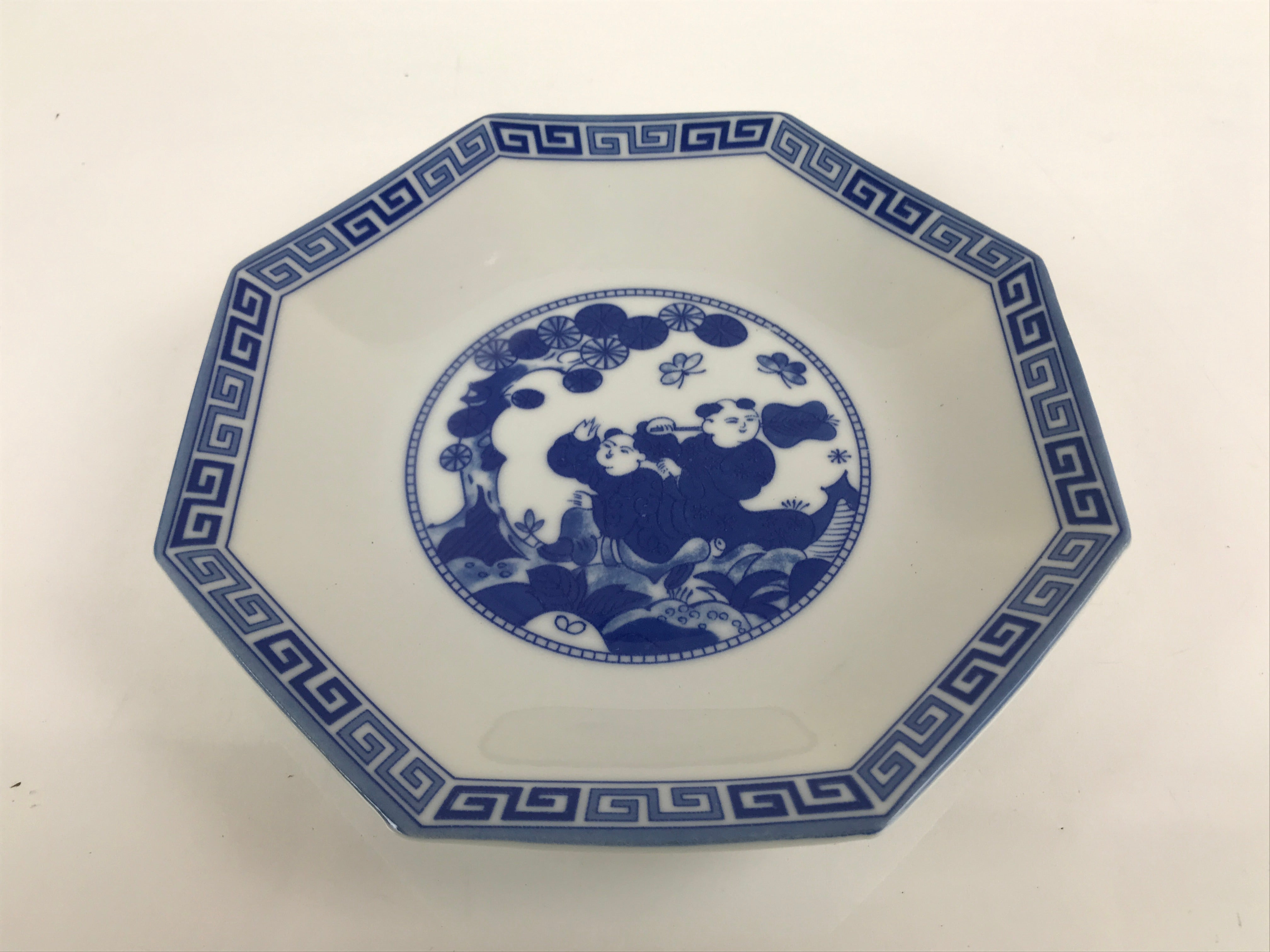 Chinese Porcelain Octagonal Plate Vtg Blue White Tang Children Butterfly PY791