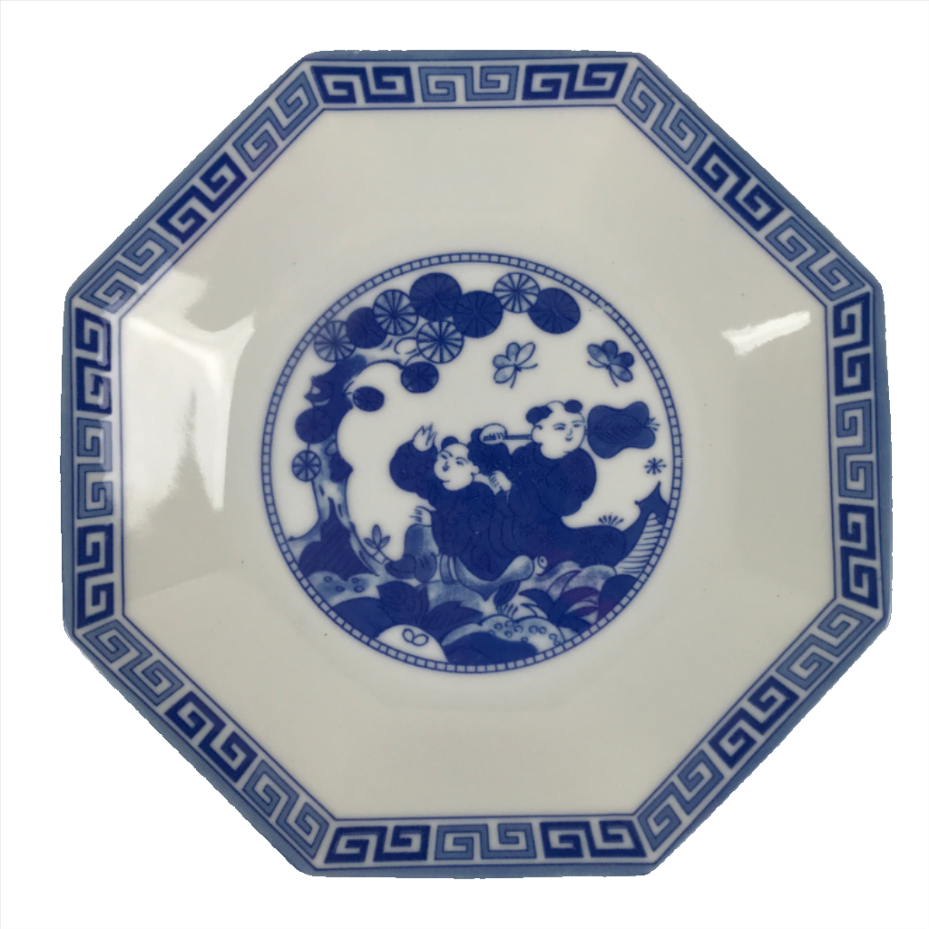 Chinese Porcelain Octagonal Plate Vtg Blue White Tang Children Butterfly PY791