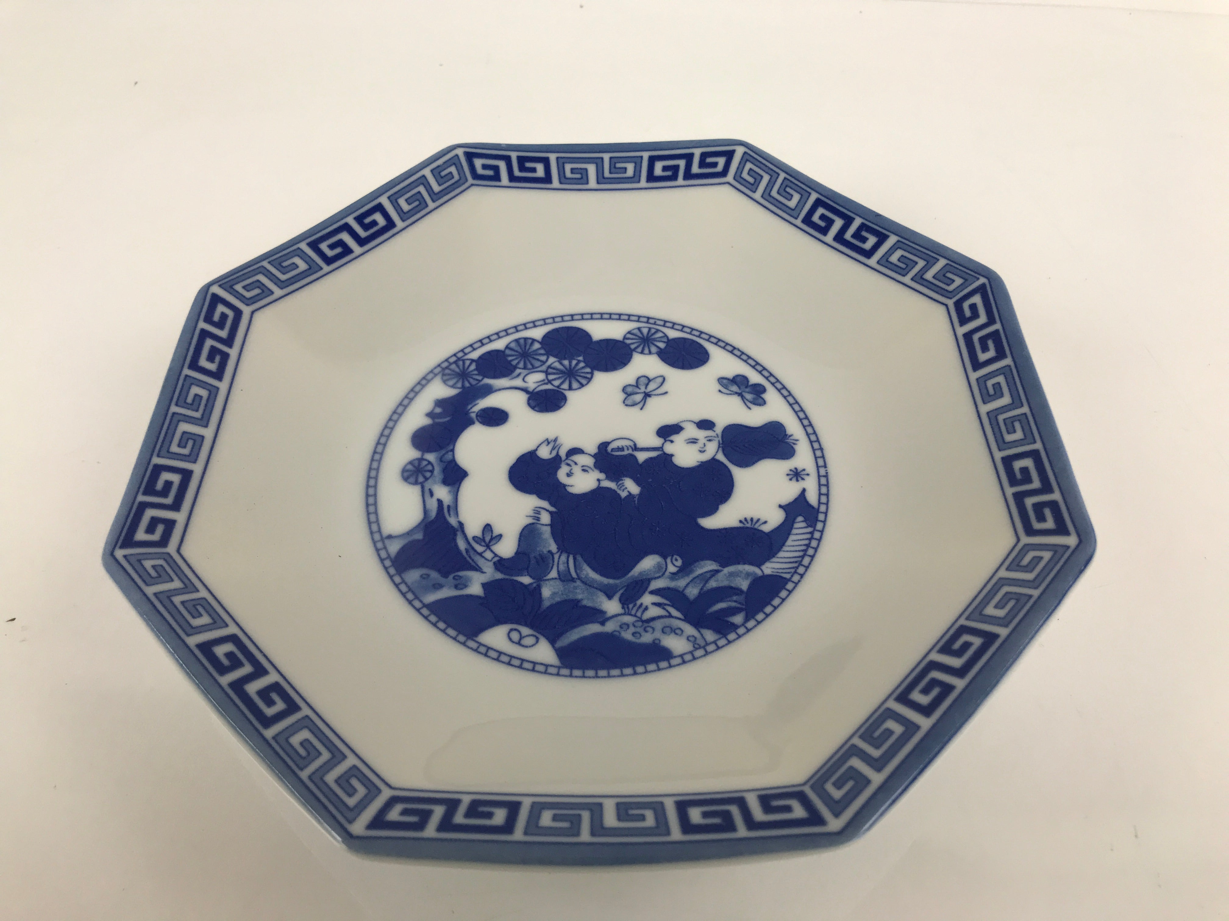 Chinese Porcelain Octagonal Plate Vtg Blue White Tang Children Butterfly PY792