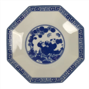 Chinese Porcelain Octagonal Plate Vtg Blue White Tang Children Butterfly PY792