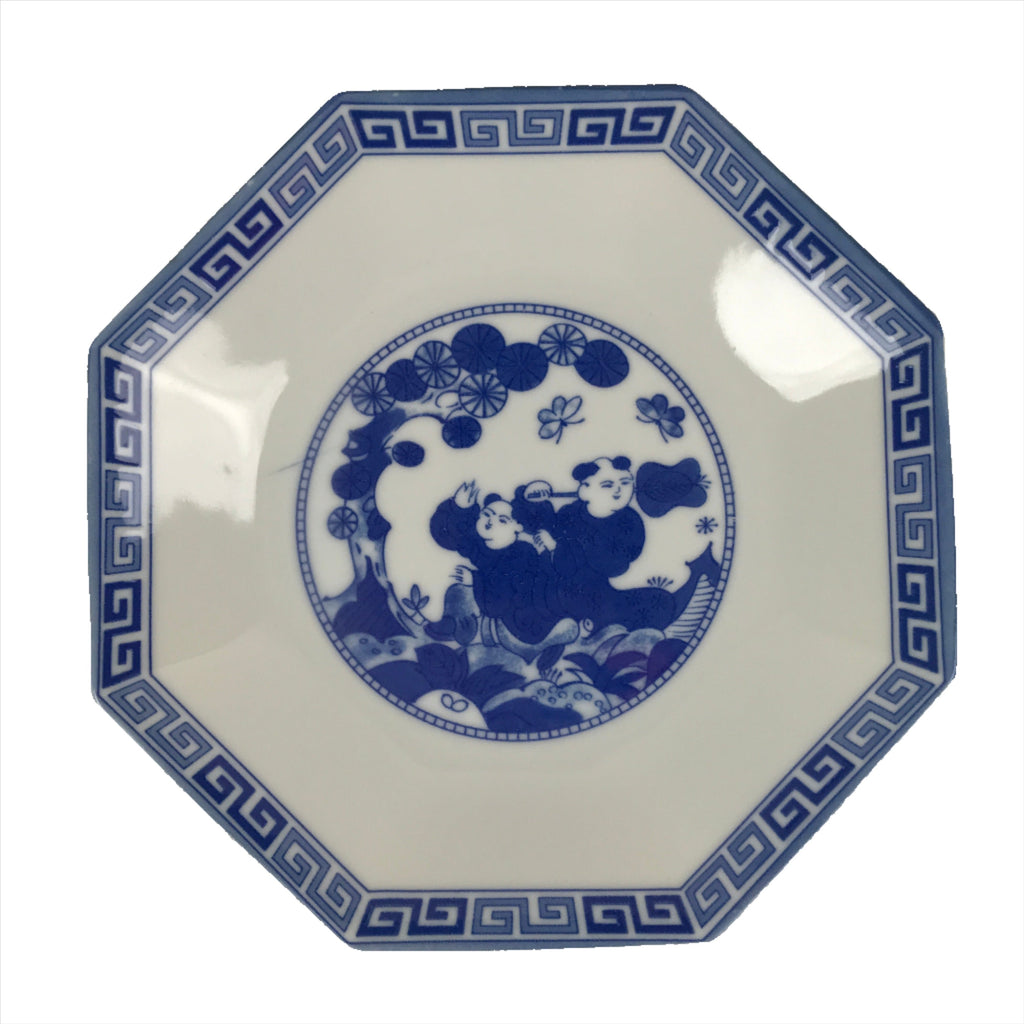 Chinese Porcelain Octagonal Plate Vtg Blue White Tang Children Butterfly PY793