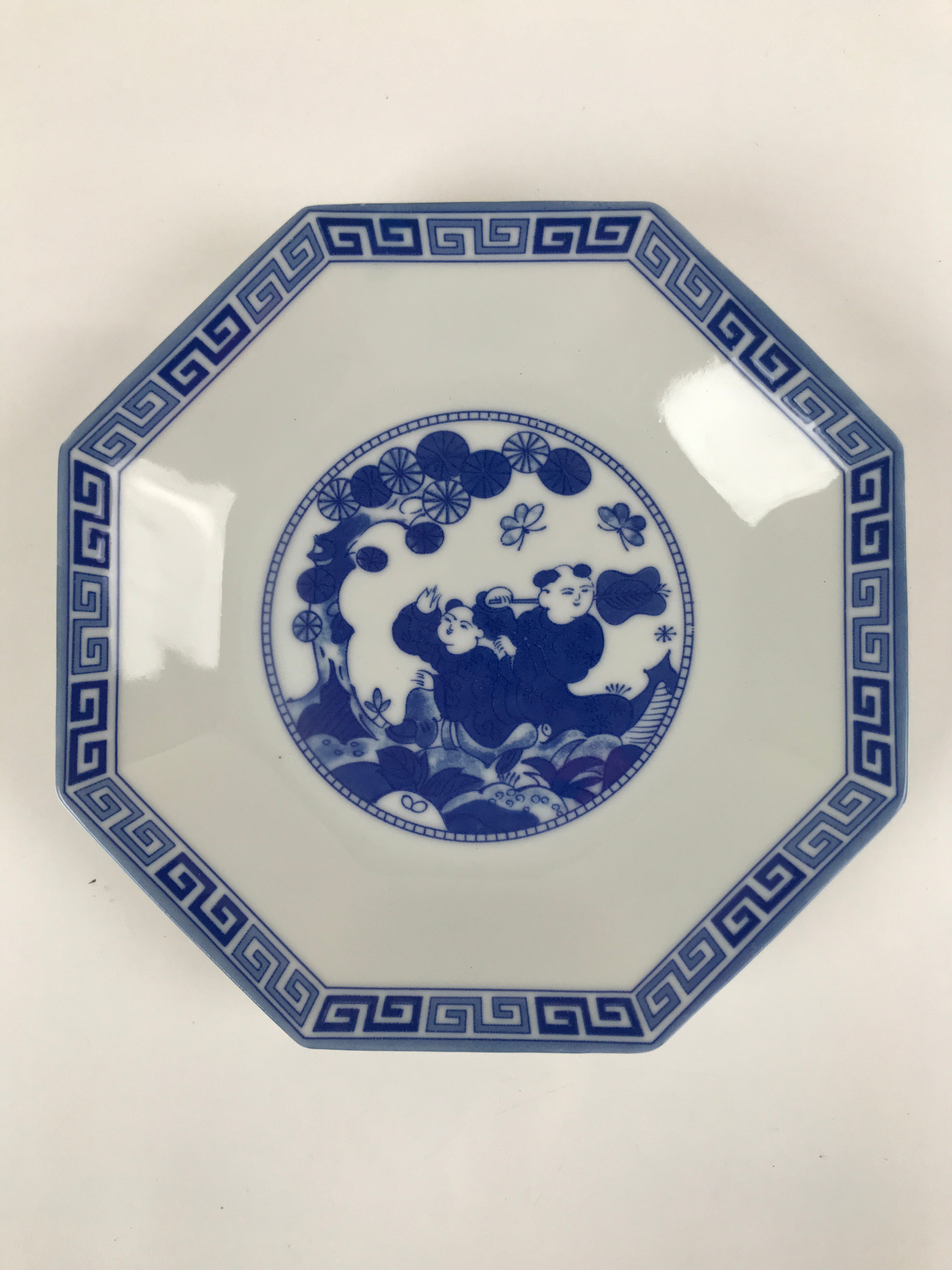 Chinese Porcelain Octagonal Plate Vtg Blue White Tang Children Butterfly PY794