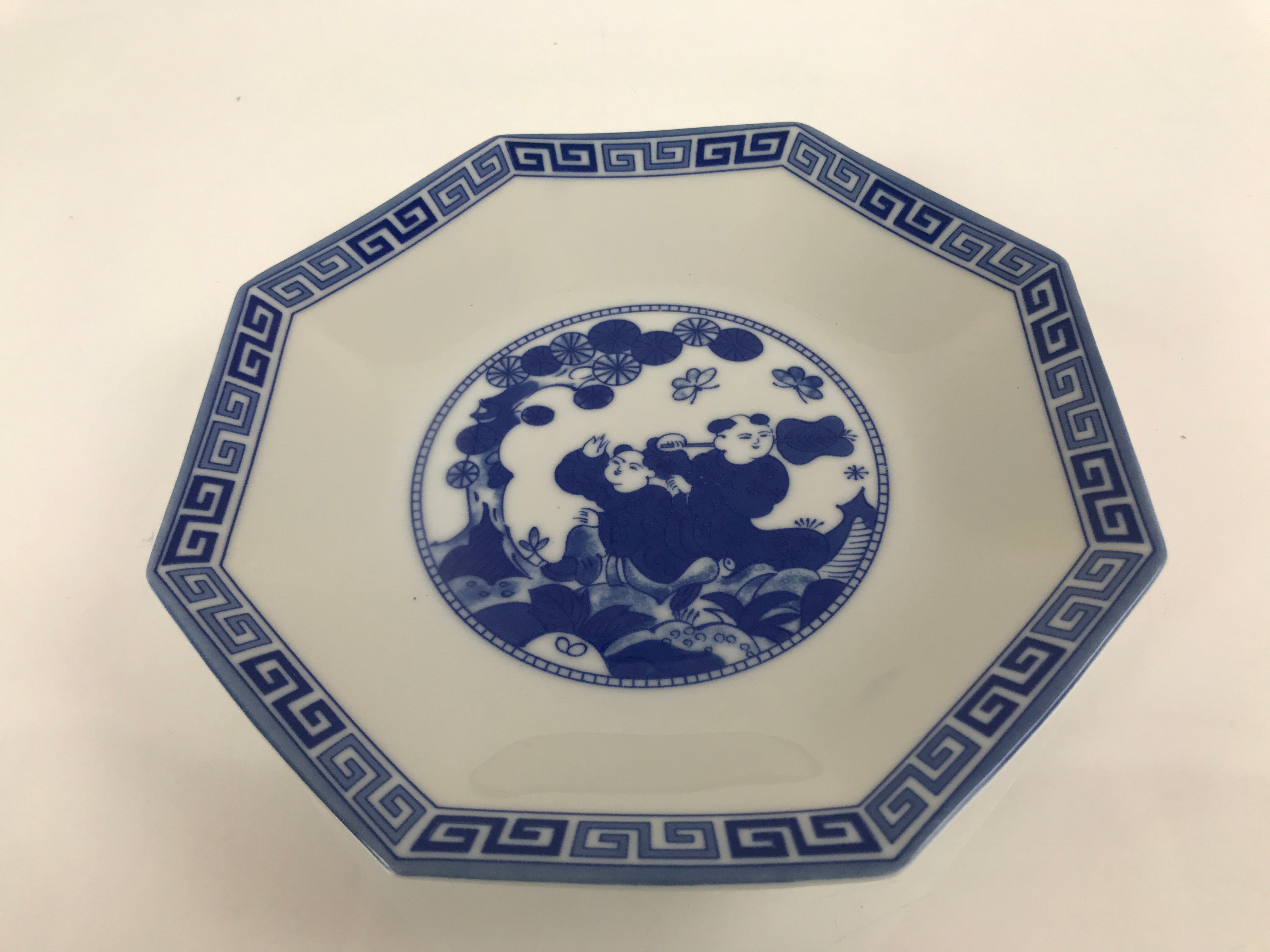 Chinese Porcelain Octagonal Plate Vtg Blue White Tang Children Butterfly PY794