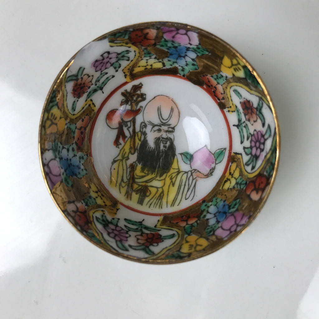 Chinese Porcelain Sake Cup Vtg Ochoko Flower God Peach Gold Colorful Gold G277