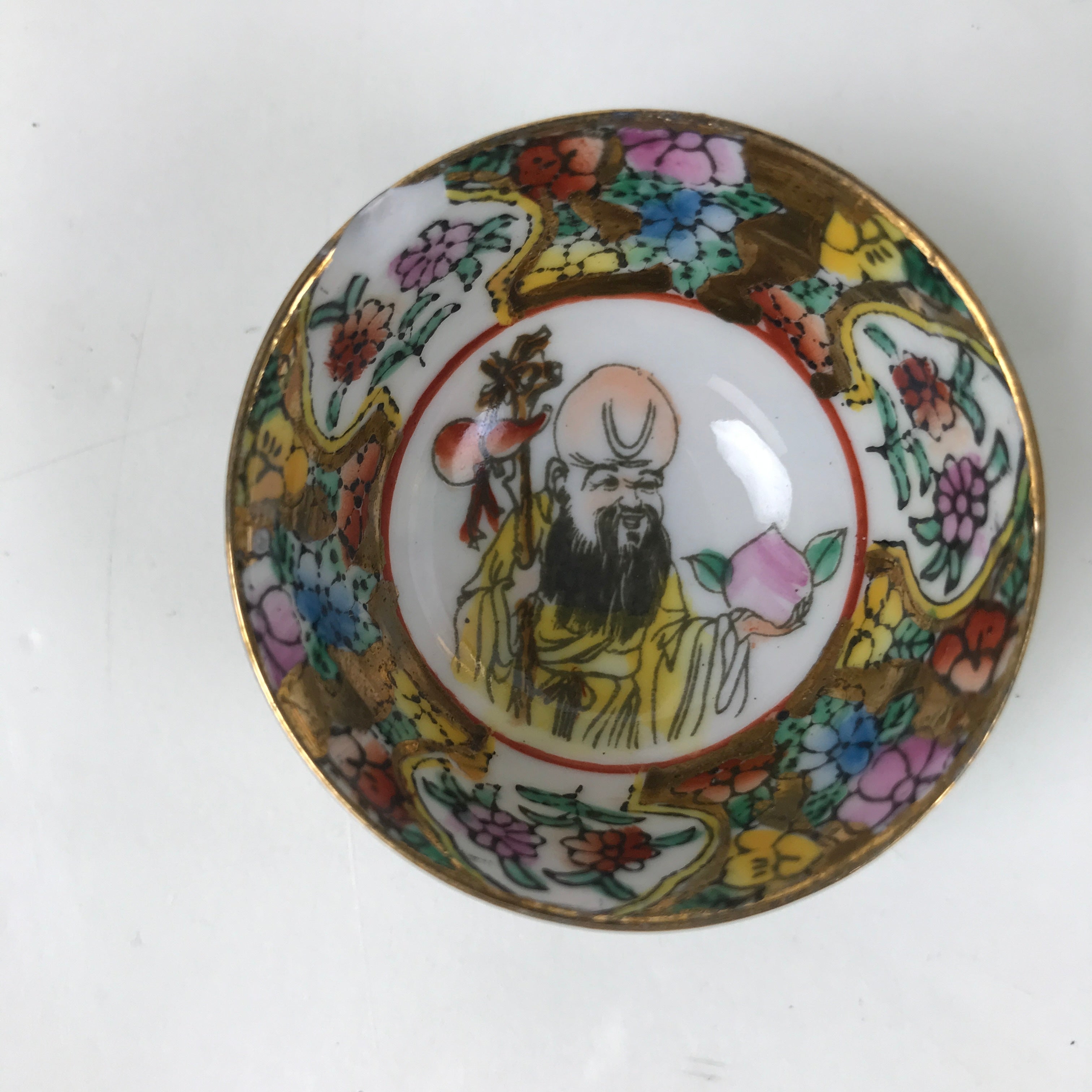 Chinese Porcelain Sake Cup Vtg Ochoko Flower God Peach Gold Colorful Gold G277