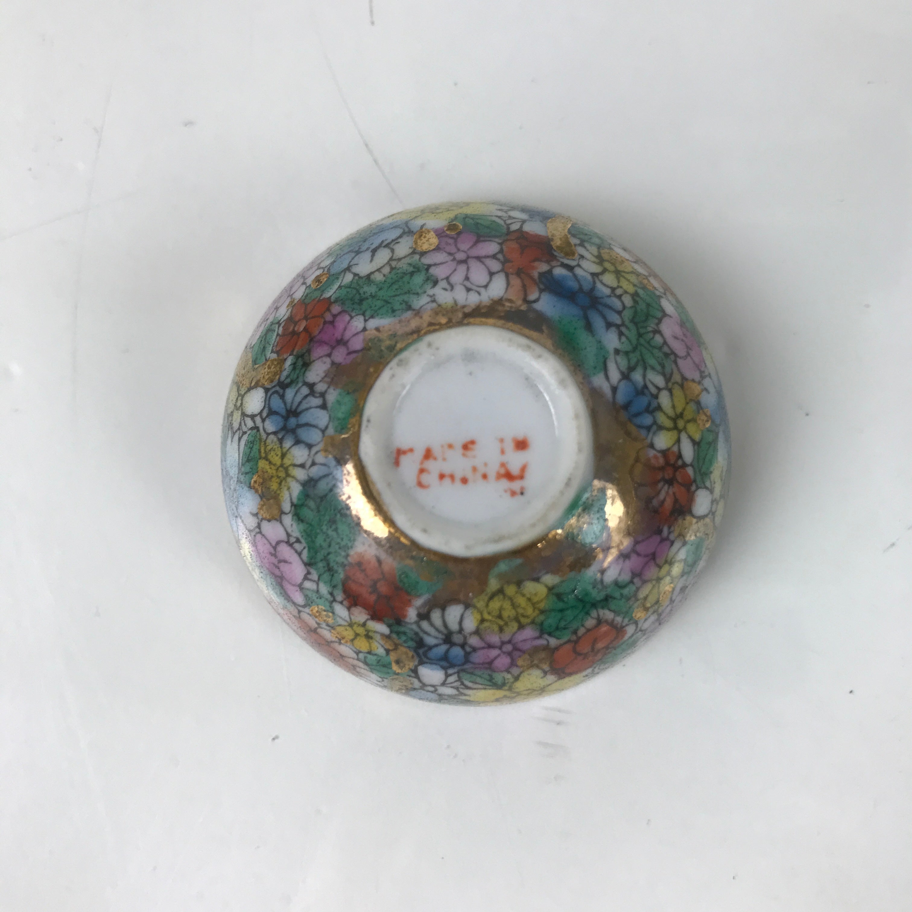 Chinese Porcelain Sake Cup Vtg Ochoko Flower God Peach Gold Colorful Gold G277