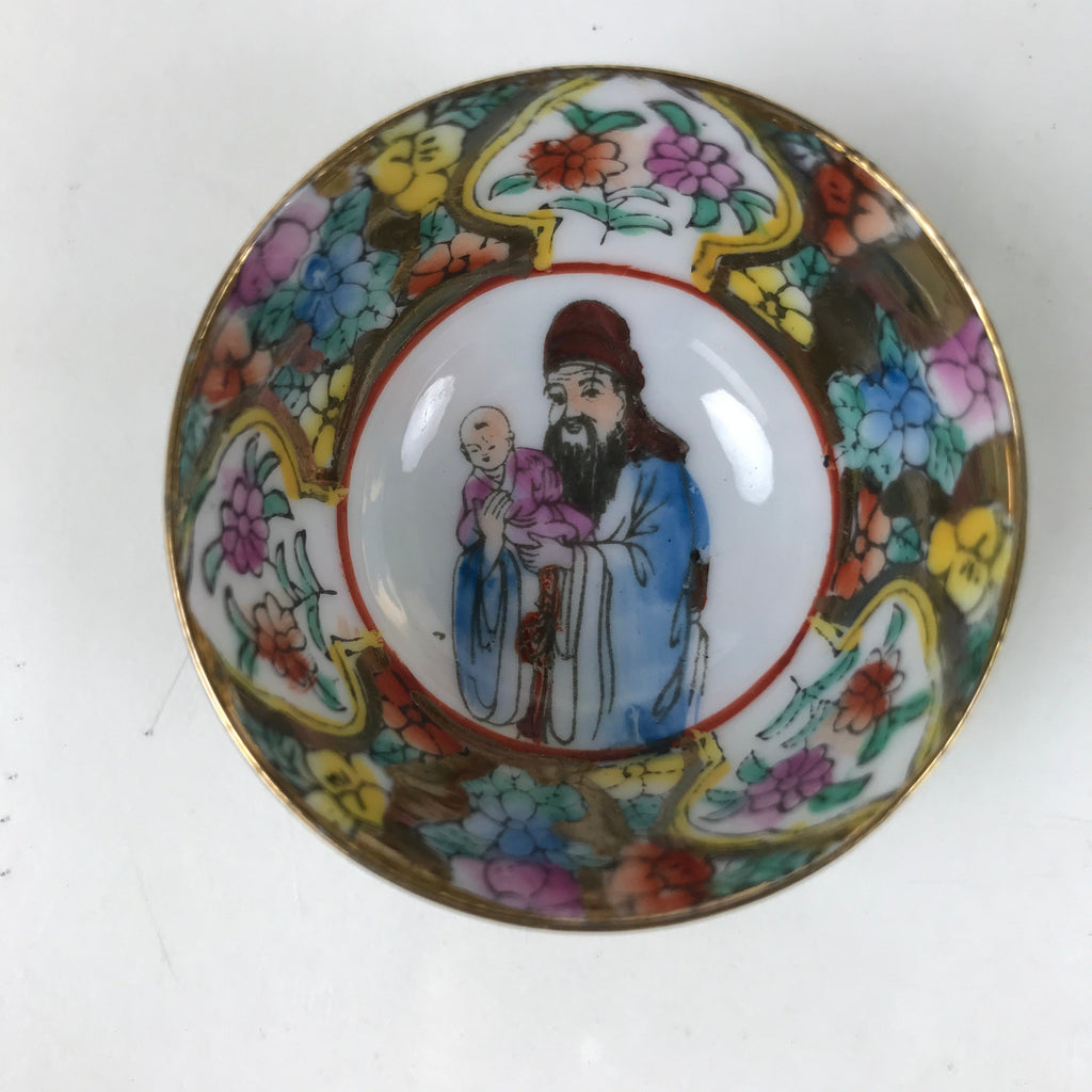 Chinese Porcelain Sake Cup Vtg Ochoko Flower Man Baby Gold Colorful Gold G276