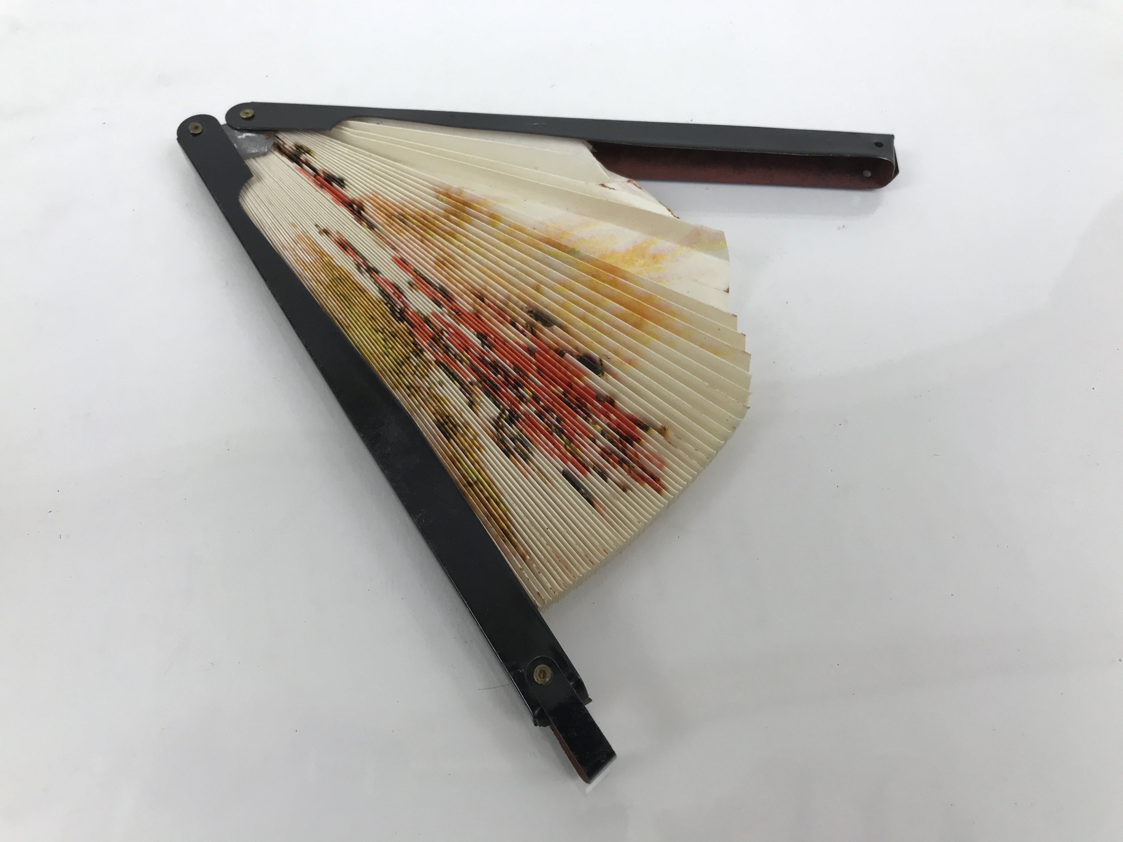 Chinese Radial Paper Folding Fan Vtg Sensu Black Metal Frame Cherry Blossom 5D24