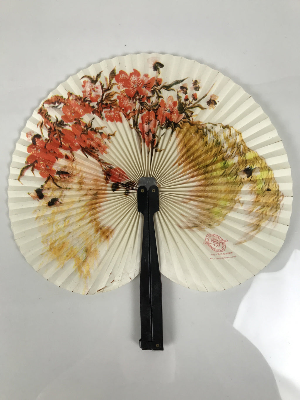 Chinese Radial Paper Folding Fan Vtg Sensu Black Metal Frame Cherry Blossom 5D24