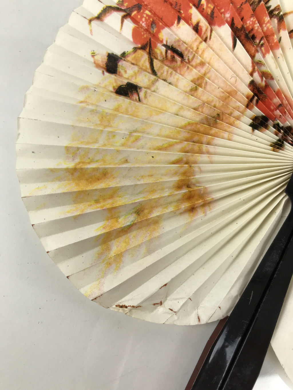 Chinese Radial Paper Folding Fan Vtg Sensu Black Metal Frame Cherry Blossom 5D24