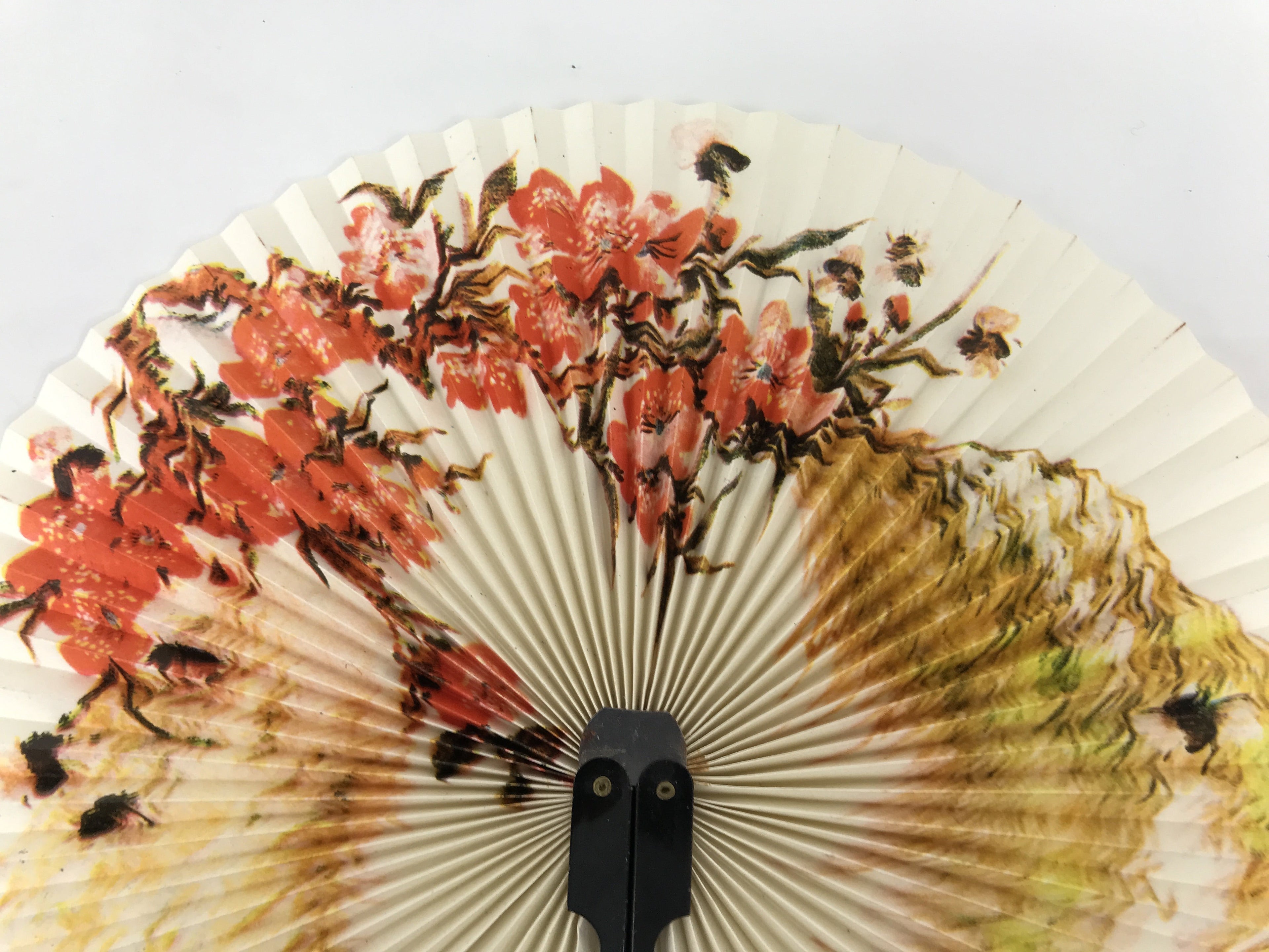 Chinese Radial Paper Folding Fan Vtg Sensu Black Metal Frame Cherry Blossom 5D24