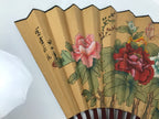 Chinese Silk Paper Folding Fan Botan Peony Sensu Bamboo Frame Green Brown 4D984