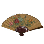 Chinese Silk Paper Folding Fan Botan Peony Sensu Bamboo Frame Green Brown 4D984