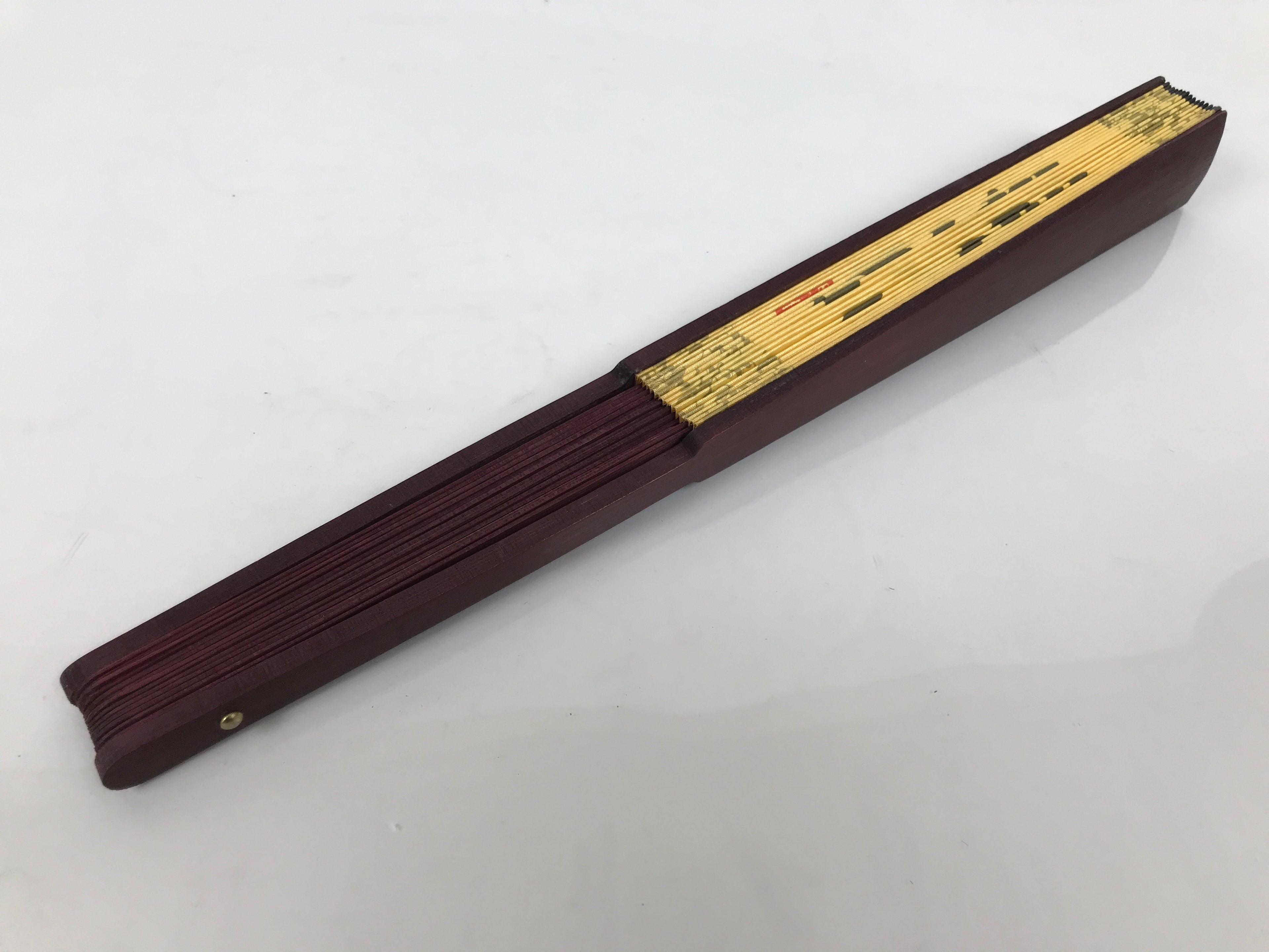 Chinese Silk Paper Folding Fan Vtg Calligraphy Idioms Bamboo Frame Yellow 4D986
