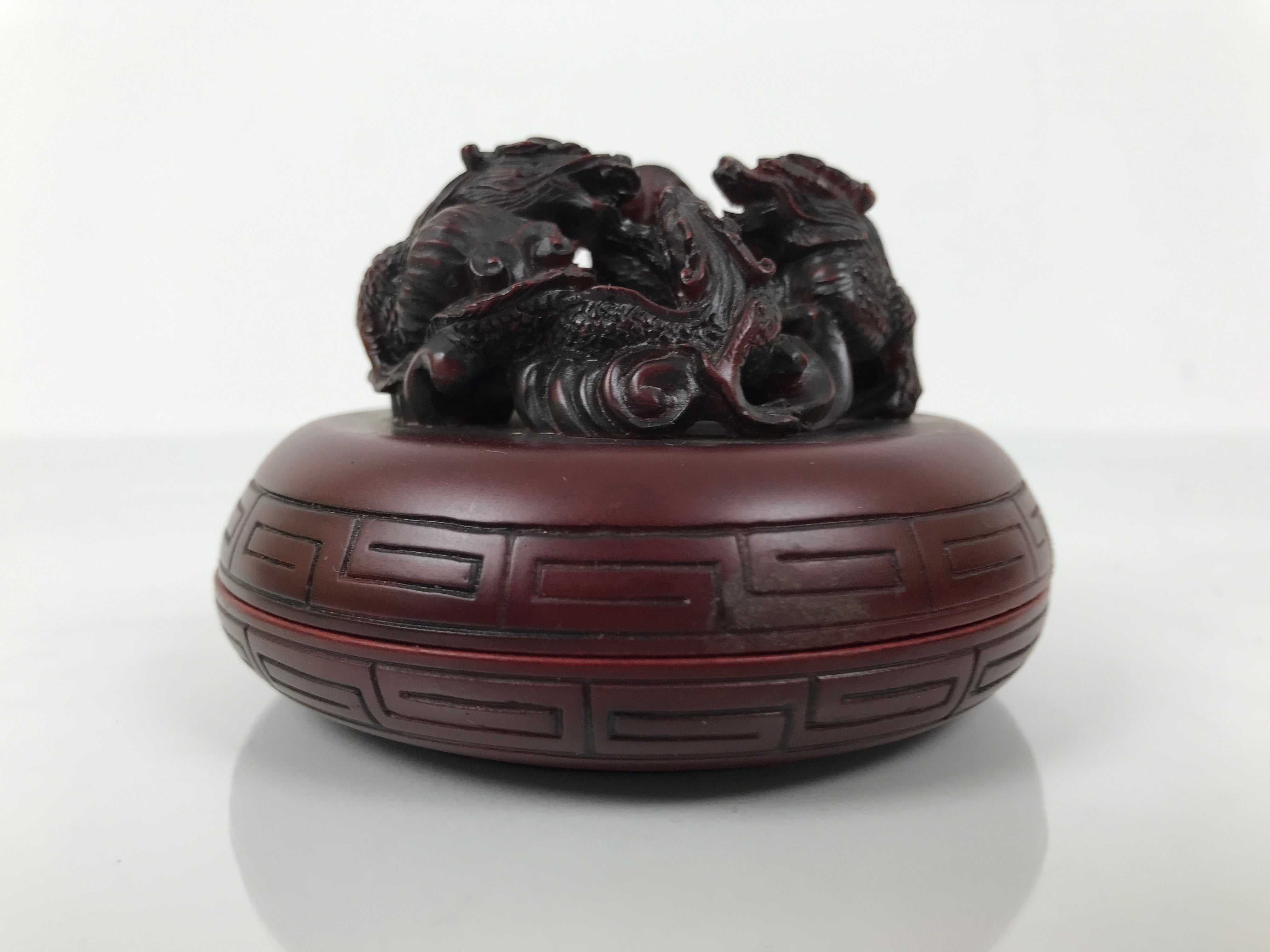 Chinese Vermilion Ink Pad Shuniku Vtg Red Seal Container Case Dragon Brown SZ65