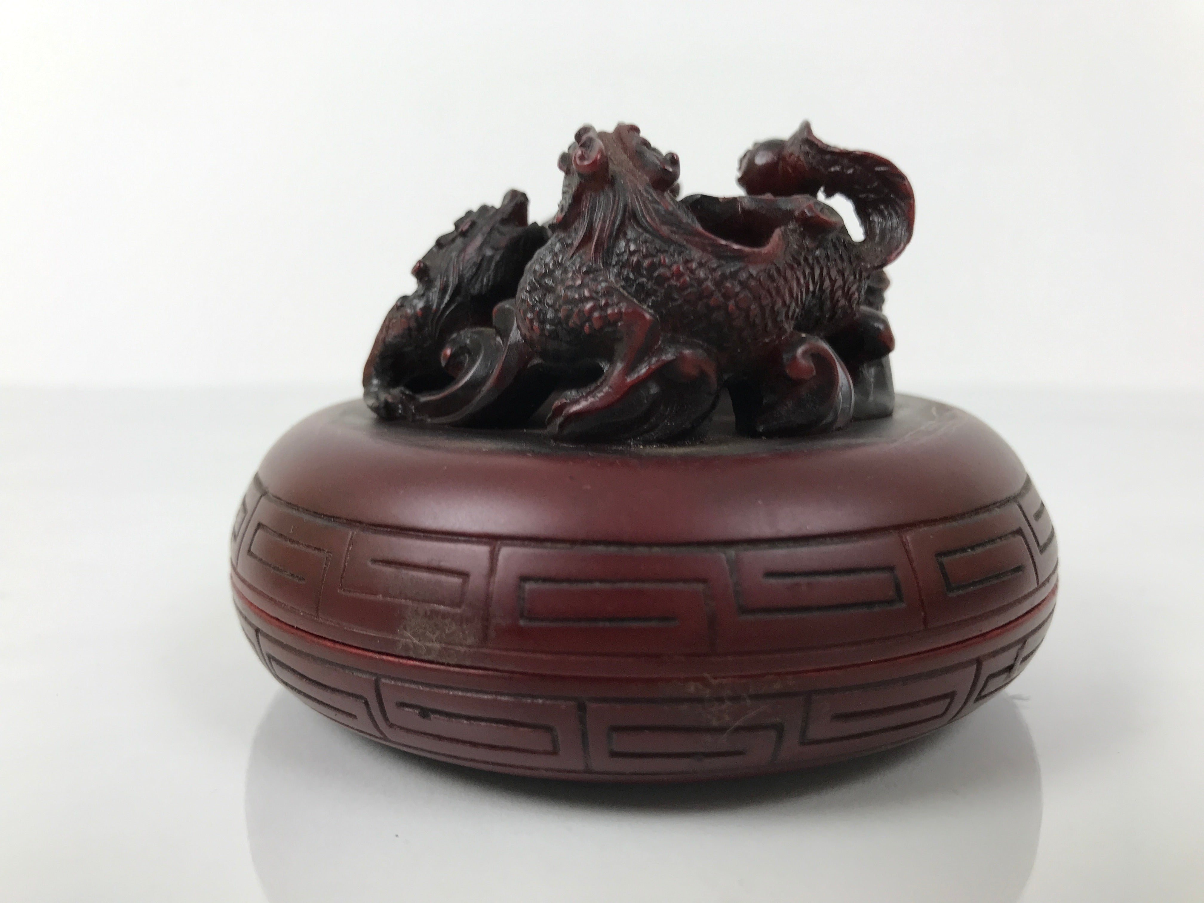 Chinese Vermilion Ink Pad Shuniku Vtg Red Seal Container Case Dragon Brown SZ65