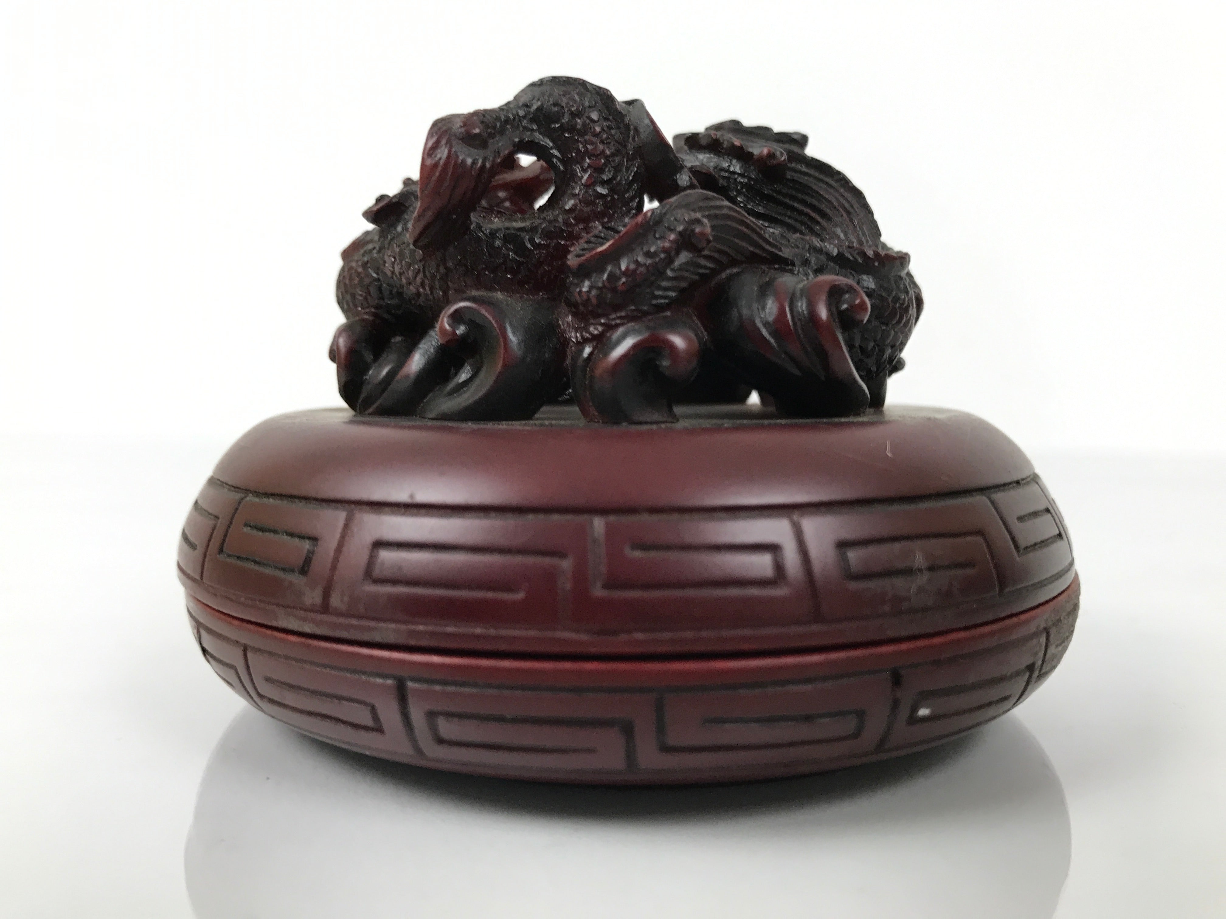 Chinese Vermilion Ink Pad Shuniku Vtg Red Seal Container Case Dragon Brown SZ65