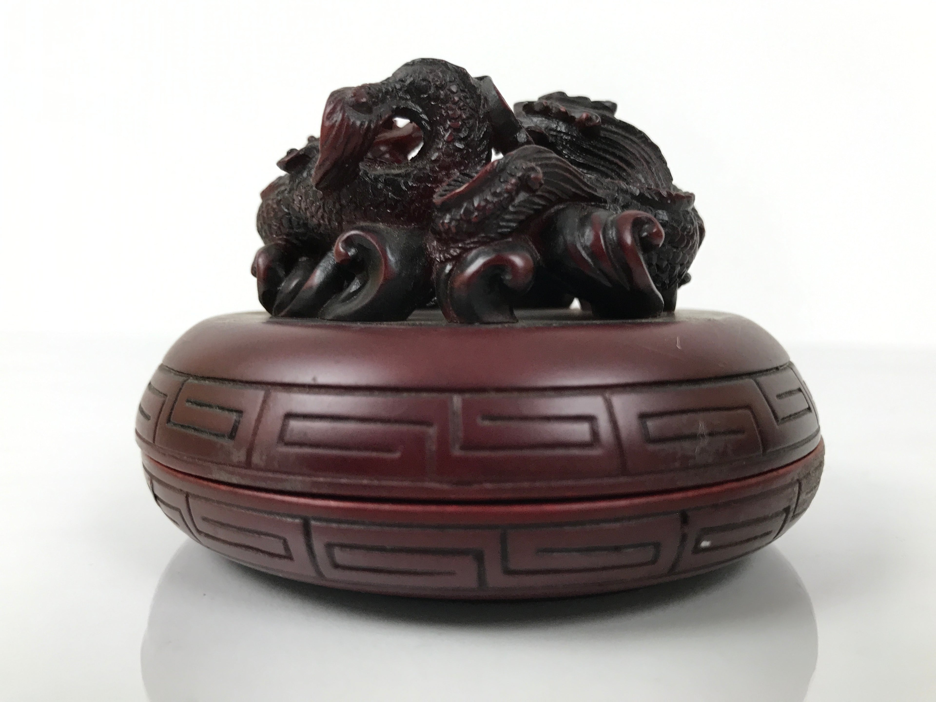 Chinese Vermilion Ink Pad Shuniku Vtg Red Seal Container Case Dragon Brown SZ65