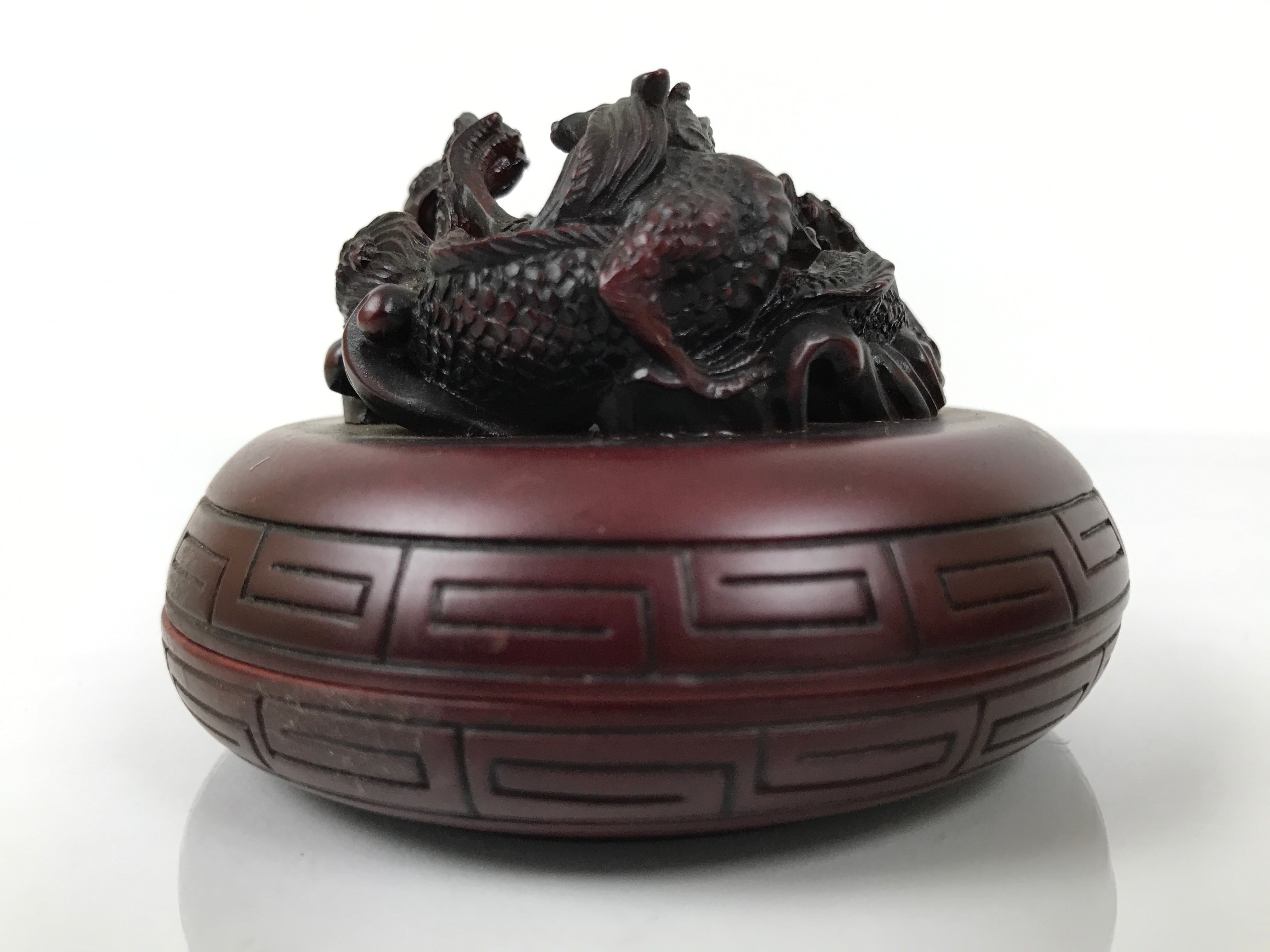 Chinese Vermilion Ink Pad Shuniku Vtg Red Seal Container Case Dragon Brown SZ65