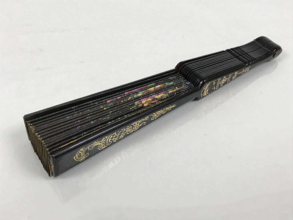 Fabric Ventimilla Folding Fan Sensu Vtg Resin Frame Black Gold Flowers 5D25