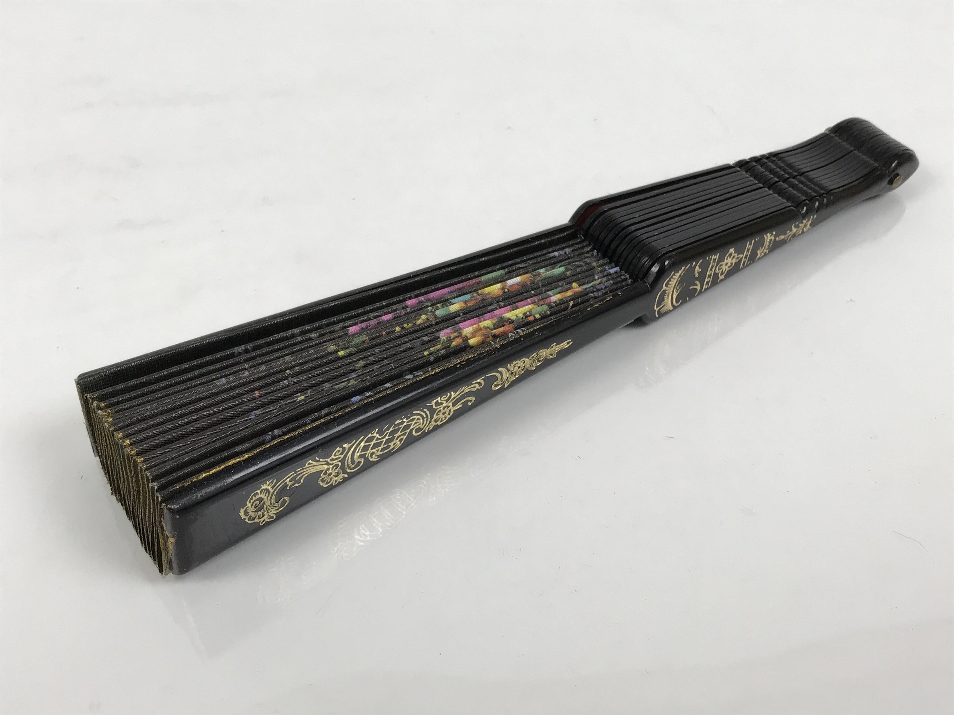 Fabric Ventimilla Folding Fan Sensu Vtg Resin Frame Black Gold Flowers 5D25