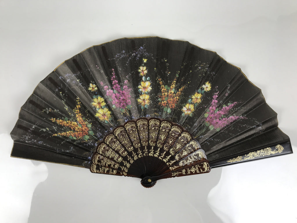 Fabric Ventimilla Folding Fan Sensu Vtg Resin Frame Black Gold Flowers 5D25