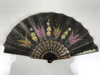 Fabric Ventimilla Folding Fan Sensu Vtg Resin Frame Black Gold Flowers 5D25