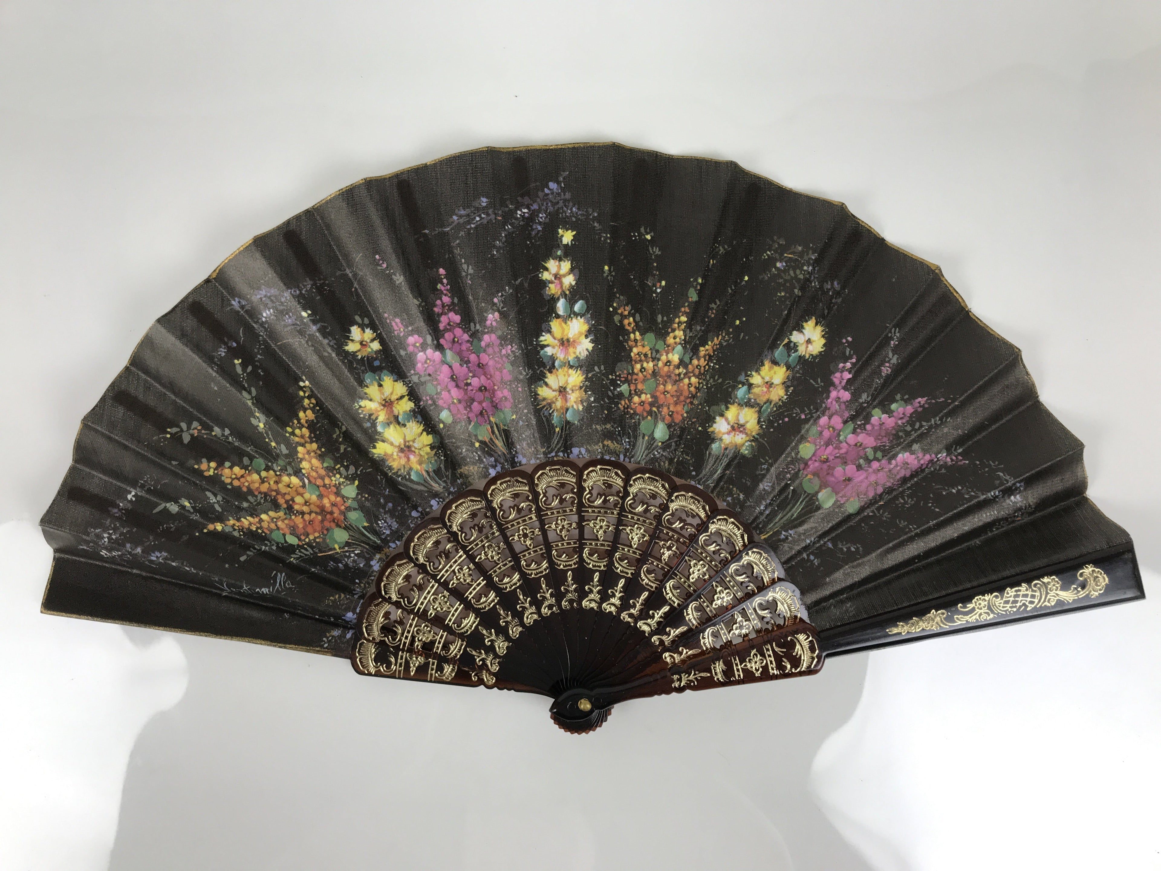 Fabric Ventimilla Folding Fan Sensu Vtg Resin Frame Black Gold Flowers 5D25
