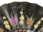 Fabric Ventimilla Folding Fan Sensu Vtg Resin Frame Black Gold Flowers 5D25
