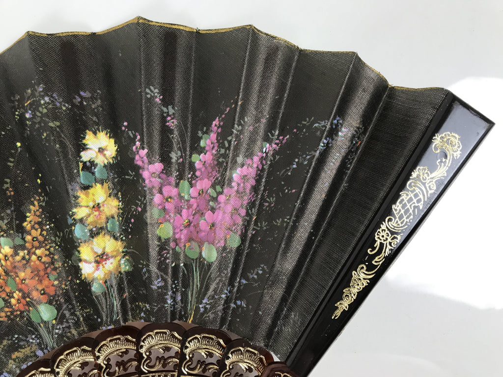 Fabric Ventimilla Folding Fan Sensu Vtg Resin Frame Black Gold Flowers 5D25