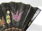 Fabric Ventimilla Folding Fan Sensu Vtg Resin Frame Black Gold Flowers 5D25