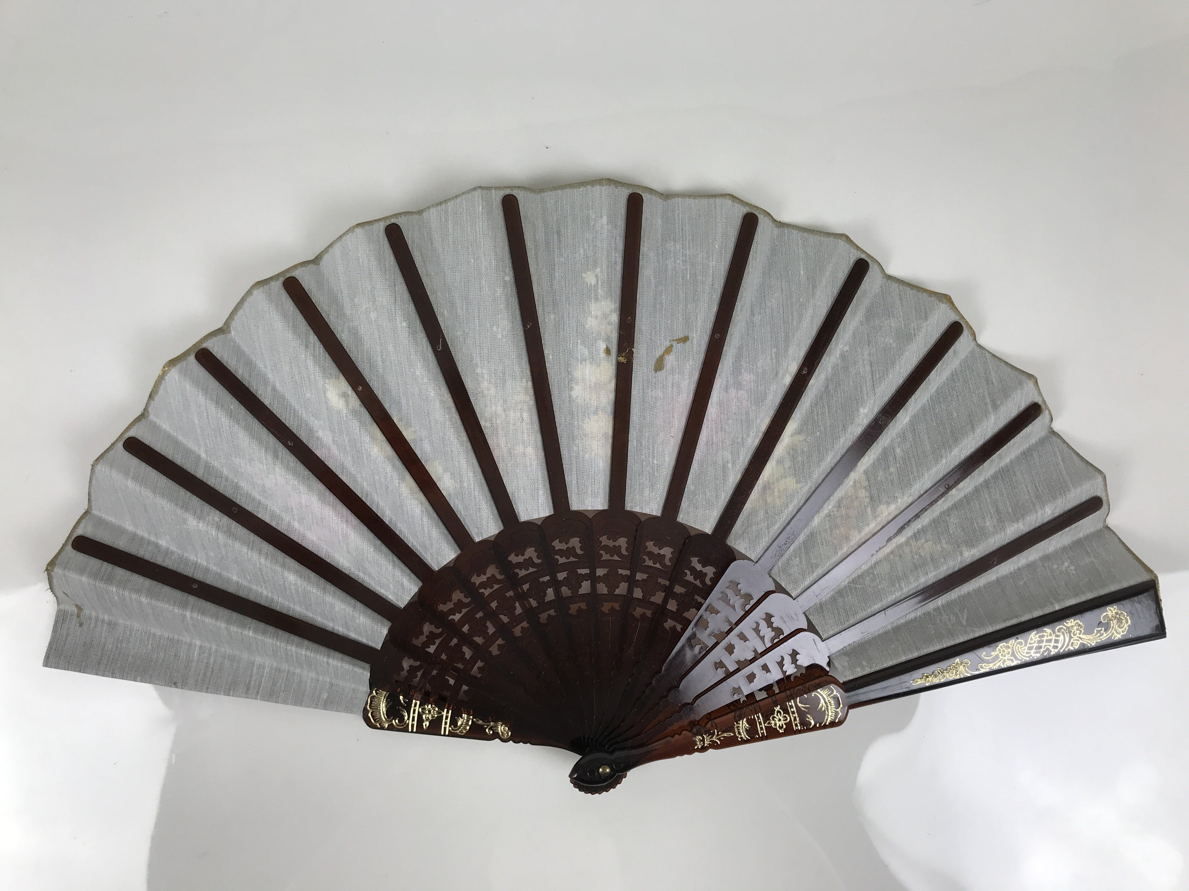 Fabric Ventimilla Folding Fan Sensu Vtg Resin Frame Black Gold Flowers 5D25