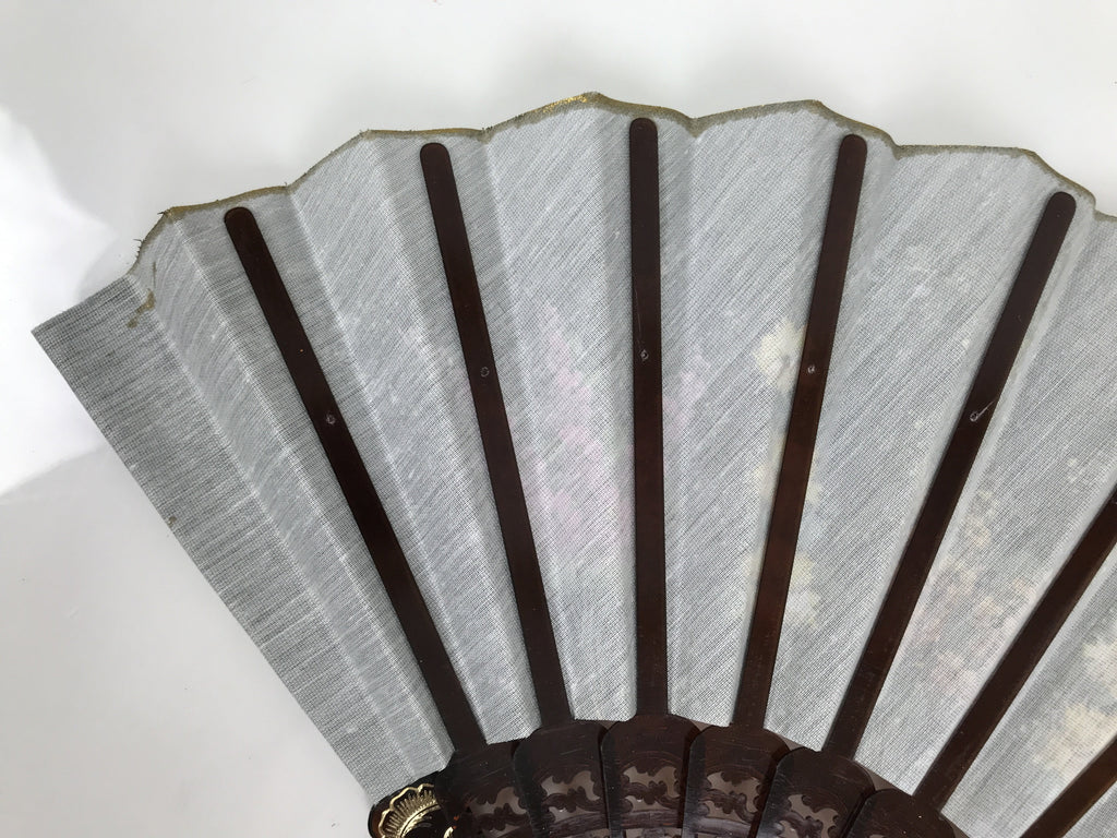Fabric Ventimilla Folding Fan Sensu Vtg Resin Frame Black Gold Flowers 5D25
