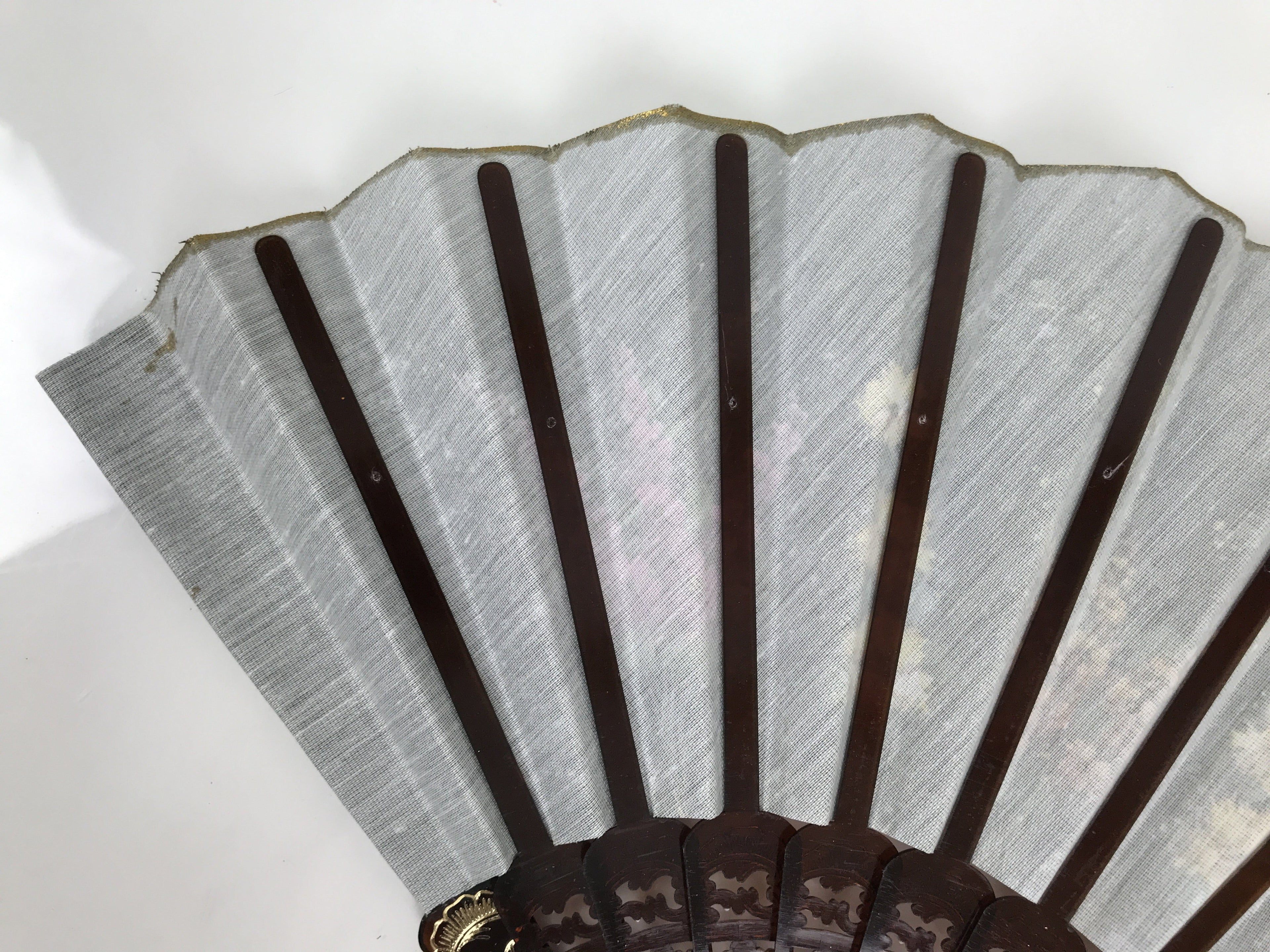 Fabric Ventimilla Folding Fan Sensu Vtg Resin Frame Black Gold Flowers 5D25