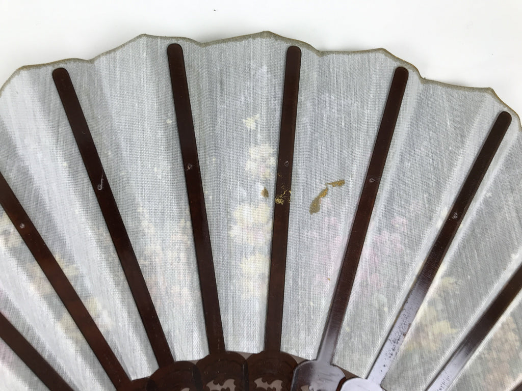 Fabric Ventimilla Folding Fan Sensu Vtg Resin Frame Black Gold Flowers 5D25