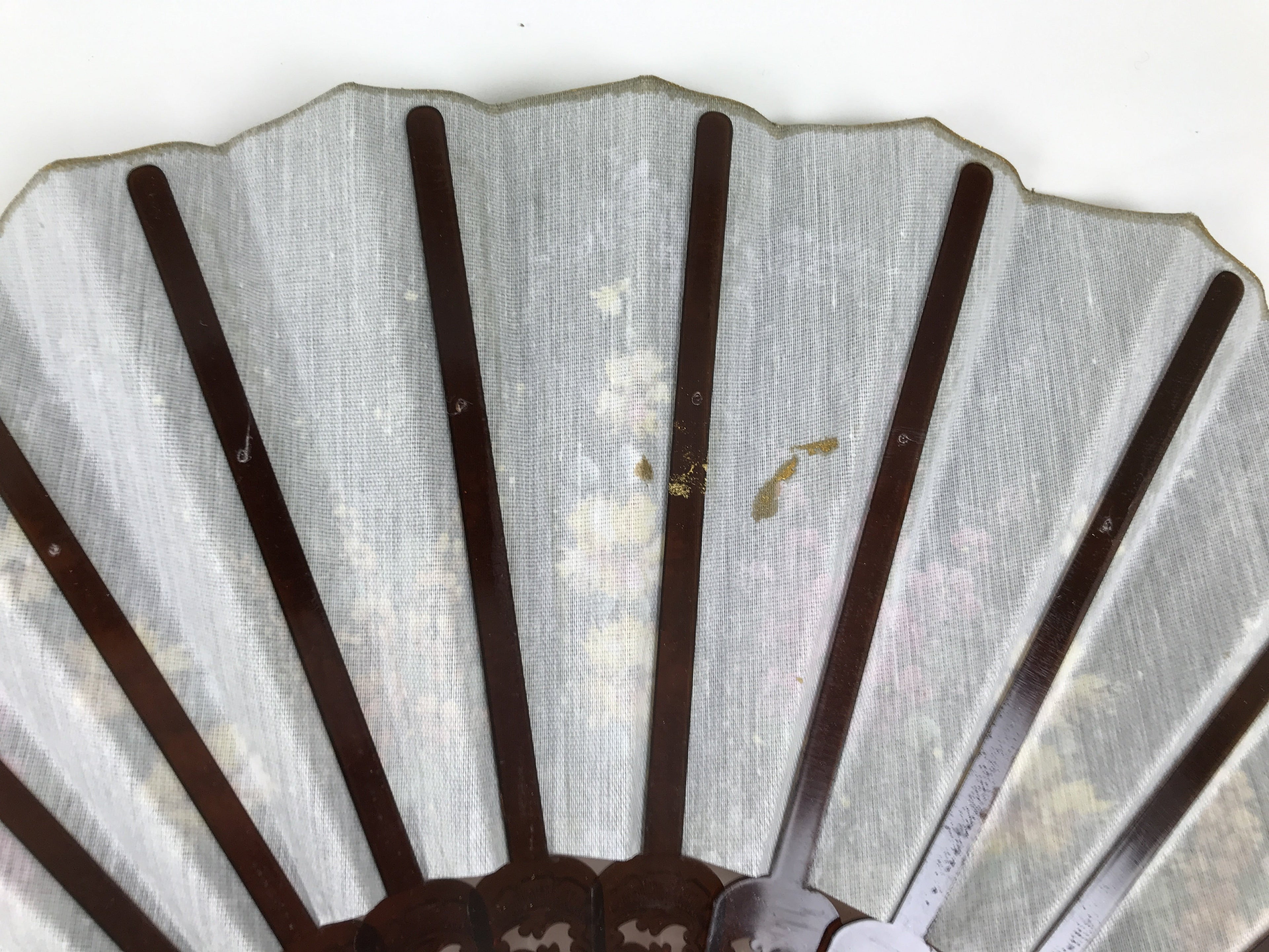 Fabric Ventimilla Folding Fan Sensu Vtg Resin Frame Black Gold Flowers 5D25