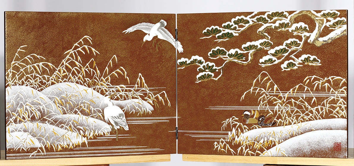Folding screen, December Heron - Aizu lacquerware