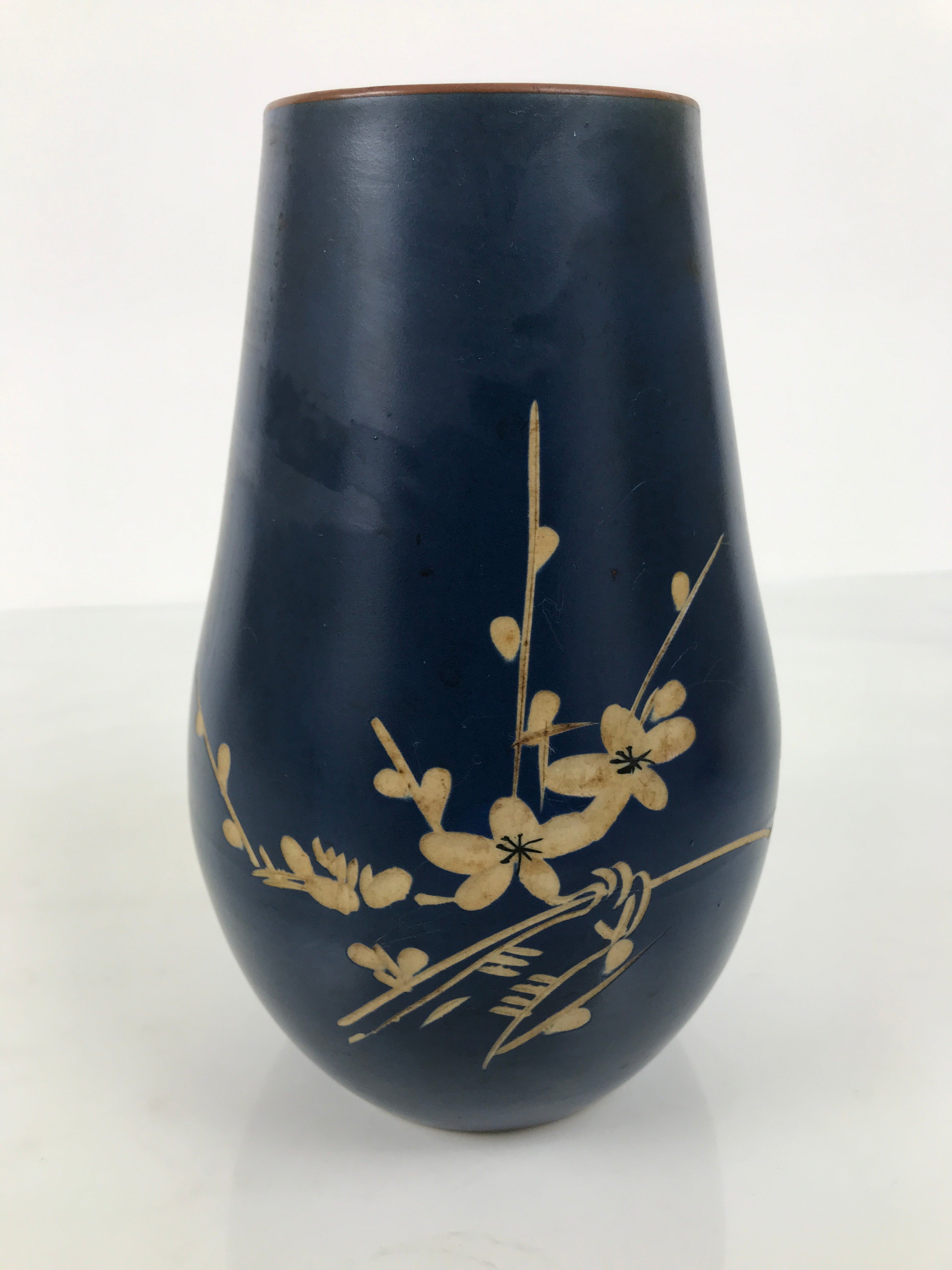 Japanese Ceramic Flower Vase Vtg Ikebana Kabin Dark Blue Floral Teardrop FK247-KT - Vase-chidorivintage.com