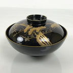 Japanese Lacquer Wood Lidded Bowl Owan Vtg Makie Black Gold Shochikubai LB197-KT - Bowl-chidorivintage.com