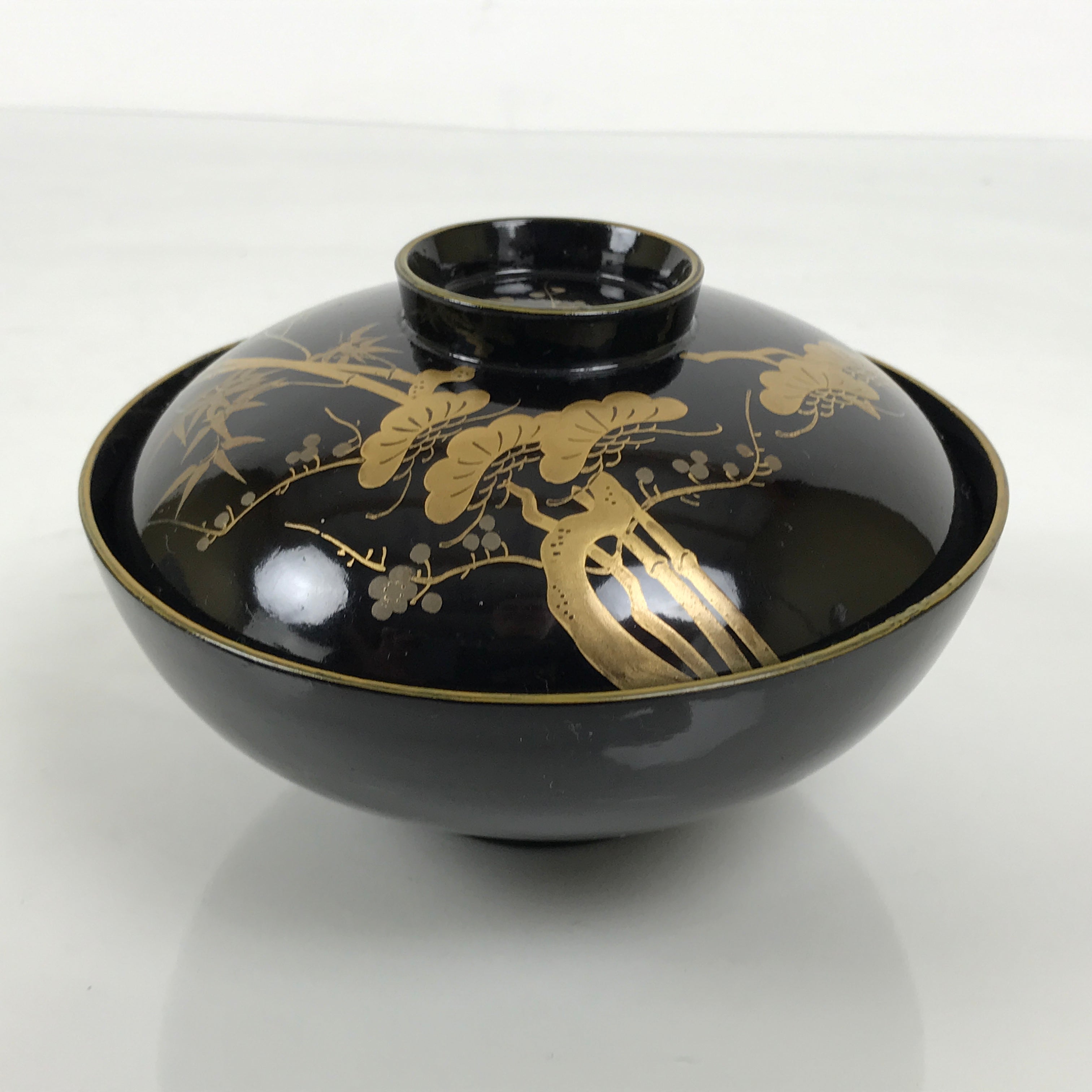 Japanese Lacquer Wood Lidded Bowl Owan Vtg Makie Black Gold Shochikubai LB197-KT - Bowl-chidorivintage.com