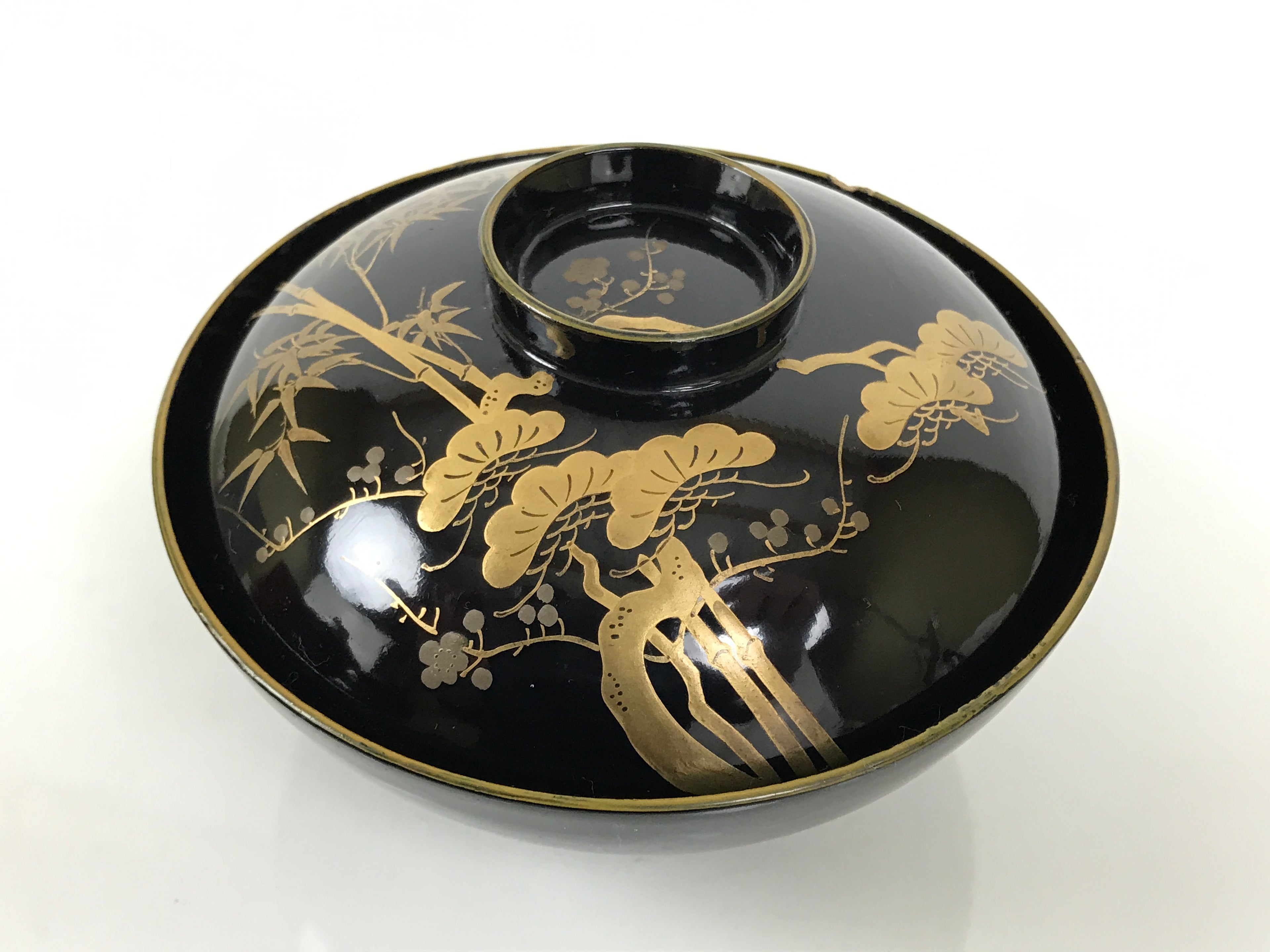 Japanese Lacquer Wood Lidded Bowl Owan Vtg Makie Black Gold Shochikubai LB197-KT - Bowl-chidorivintage.com