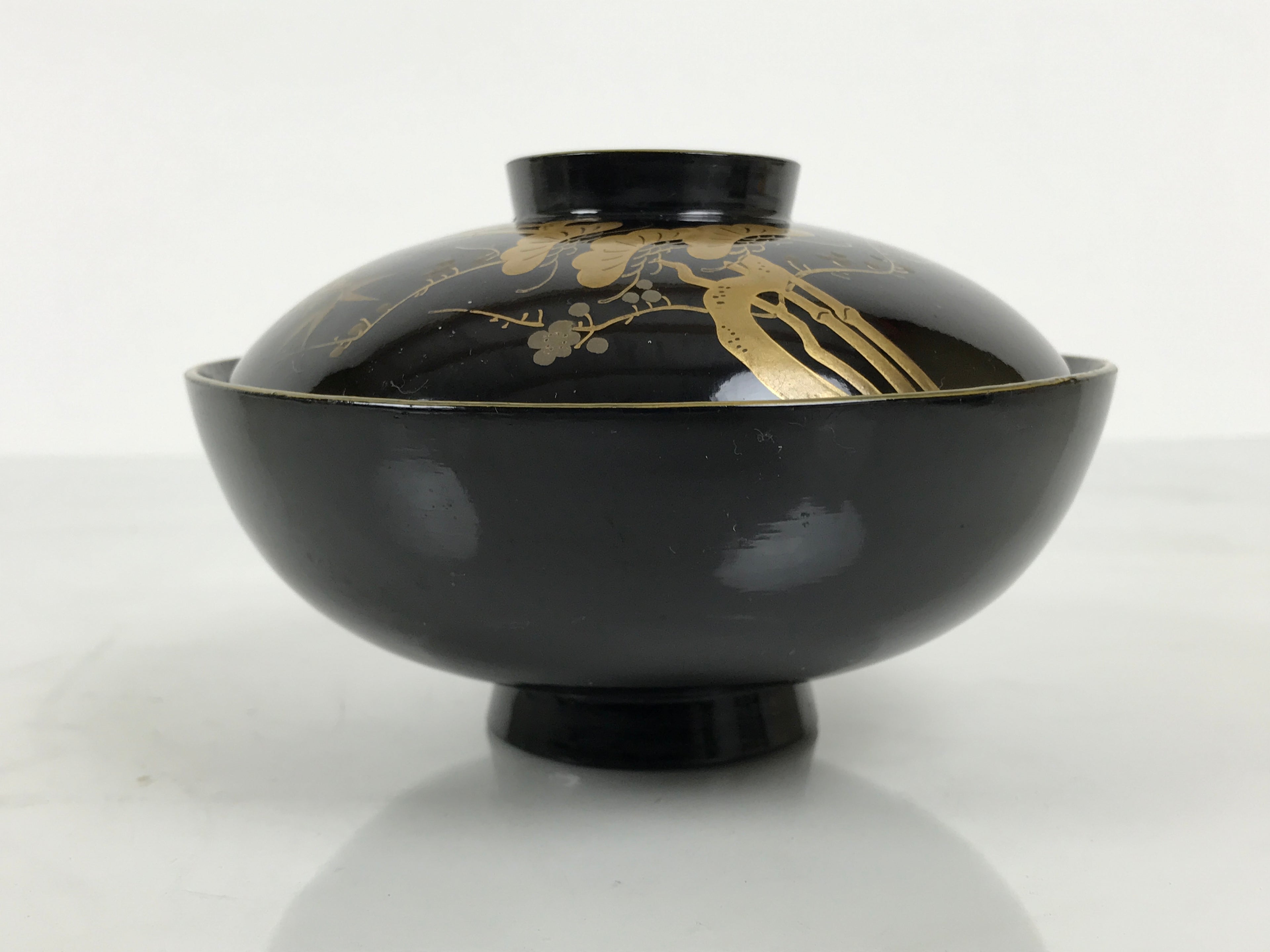 Japanese Lacquer Wood Lidded Bowl Owan Vtg Makie Black Gold Shochikubai LB197-KT - Bowl-chidorivintage.com