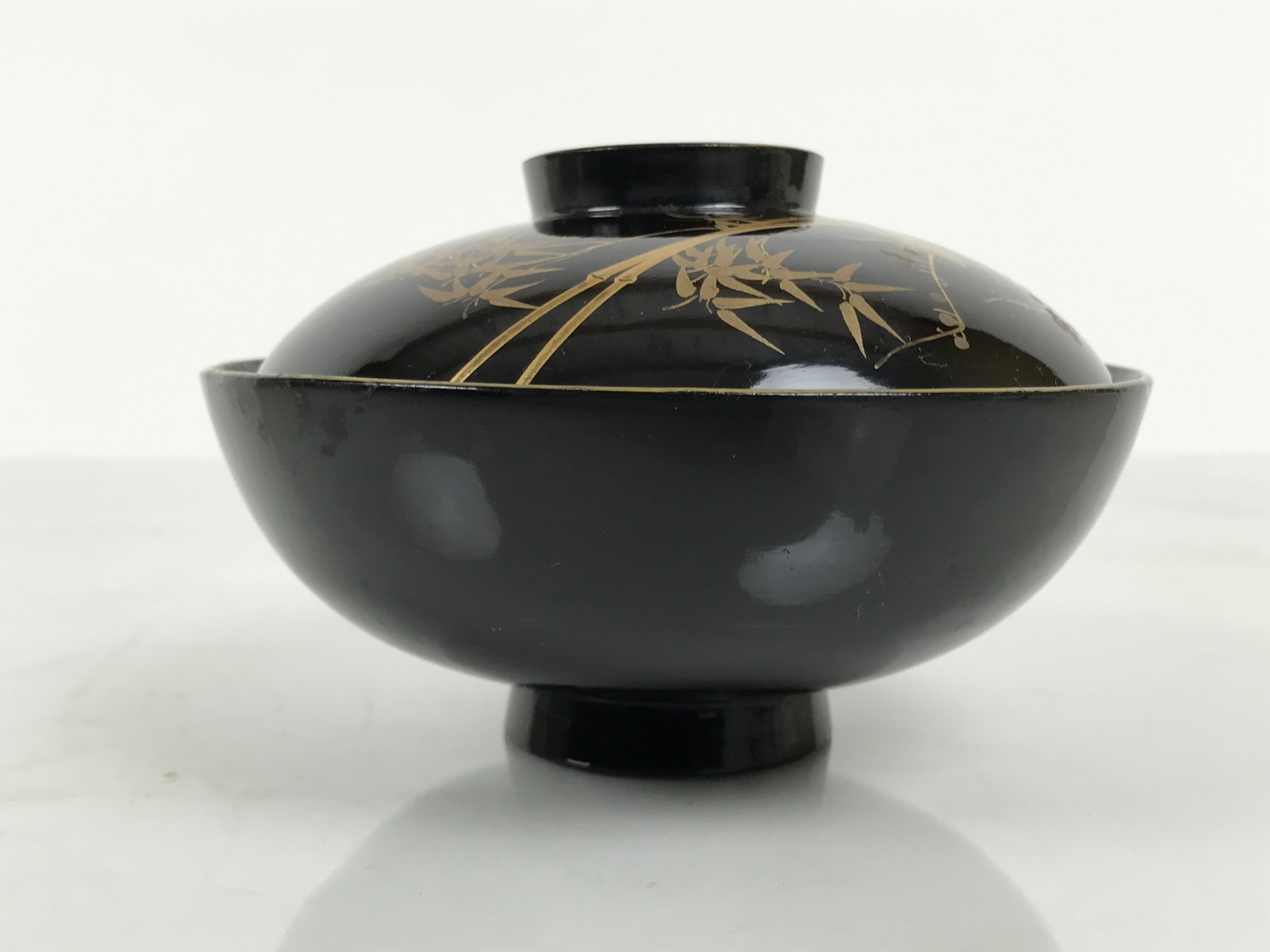 Japanese Lacquer Wood Lidded Bowl Owan Vtg Makie Black Gold Shochikubai LB197-KT - Bowl-chidorivintage.com
